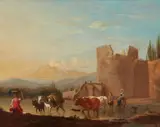 Southern Landscape with Classical Ruins and Shepherds by follower of Karel Dujardin, Oil on panel (parquetted), sold Mar 2016