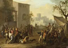 Franz de Paula Ferg, Brawl Outside a Tavern, Oil on paper, mounted on copper