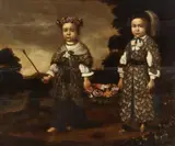 Portrait of two Children with a Basket of Flowers by Flemish School 17th century, Oil on panel, sold Mar 2016
