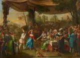 Probably Italian School 18th century, An Outdoor Feast with a Theatrical Performance, Oil on canvas, relined