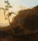 Frederik de Moucheron, Mountainous Landscape with Ramblers, Oil on canvas (relined)