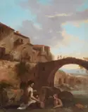 Bather in a River by a Village by in the manner of Cornelis van Poelenburgh, Oil on panel, sold Mar 2016