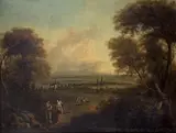 attributed to Johann Alexander Thiele, Panoramic Landscape with Ramblers, Oil on canvas (relined)