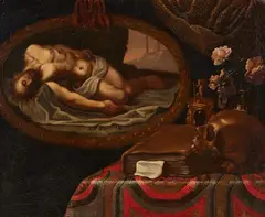 attributed to Antonio Tibaldi, Pair of Still Lifes with Paintings and Vanitas Symbols, Oil on canvas (relined). 64 x 82 and