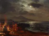 Oswald Achenbach, View of the Bay of Naples with Mount Vesuvius by Night, Oil on canvas
