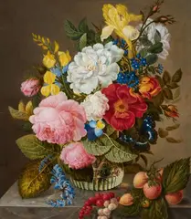 Adelheid Friedericke Braun, Roses, Iris, Forget-me-nots, Tufted Pansy and other Flowers in a Glass Vase, Oil on panel