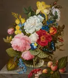 Adelheid Friedericke Braun, Roses, Iris, Forget-me-nots, Tufted Pansy and other Flowers in a Glass Vase, Oil on panel
