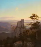 Peter Jakob Büttgen, Castle Ruins in Evening Light (possibly Reußenstein), Oil on canvas