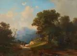 German or Austrian School 19th century, Mountainous Landscape with Two Travellers at a Crossing, Oil on canvas