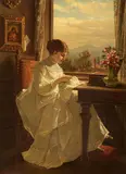 Anton Ebert, Interior with Girls Sewing, Oil on panel