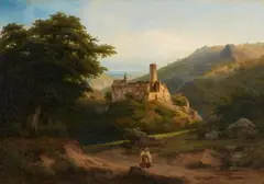 Franz Hengsbach, Mountainous Landscape with Castle Ruins and Two Monks, Oil on canvas (relined)