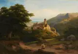 Franz Hengsbach, Mountainous Landscape with Castle Ruins and Two Monks, Oil on canvas (relined)