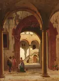 Peter Kornbeck, Figures in a Venetian Courtyard, Oil on canvas