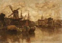 Ludvig Munthe, View of a Dutch Harbour City, Oil on canvas