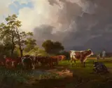 Friedrich Simmler, Meadow Landscape with Cattle, Shepherds and a Gathering Storm, Oil on panel