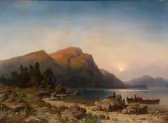 Sunset on the Banks of a Mountain Lake by Heinrich Steinike, Oil on canvas, sold Mar 2016