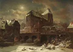 Eduard Stiegel, View of Marburg with the Old University, Lahnbrücke and Deutschherrenmühle, Oil on canvas