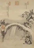 Landscape with waterfall. Album leaf. Ink on paper. Inscription, dated cyclically Guangxu jichou (1889), signed Xu Fu and sealed Xu Fu ..., Cixi huangtaihou zhi bao, Cheng xin z... by Landscape with waterfall. Album leaf. Ink on paper. Inscription, dated cyclically Guangxu jichou, signed Xu Fu and sealed Xu Fu ..., Cixi huangtaihou zhi bao, Cheng xin z..., Landscape with waterfall. Album leaf. Ink on paper. Inscription, dated cyclically Guangxu jichou (1889), signed Xu Fu an, sold Dec 2015