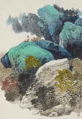 A scholar in a blue and green landscape. Hanging scroll. Ink and colour on paper. Inscription, dated wuchen, signed Xu Yisheng and sealed Cang hai chang tian and Xu Yishe..., A scholar in a blue and green landscape. Hanging scroll. Ink and colour on paper. Inscription, dated wuchen (1988), signed Xu Yisheng and sealed Cang hai chang tian and Xu Yishe..., A scholar in a blue and green landscape. Hanging scroll. Ink and colour on paper. Inscription, dated wuchen (1988), signed Xu Yisheng and sealed Cang hai chang tian and Xu Yisheng yin