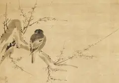 A hanging scroll by Shûtoku Ikei (first half 16th century) by A hanging scroll by Shûtoku Ikei, A hanging scroll by Shûtoku Ikei (first half 16th century) depicting a mynah bird on a plum blossom branch. Ink on paper, sold Dec 2015