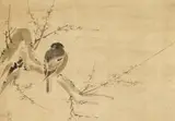 A hanging scroll by Shûtoku Ikei, A hanging scroll by Shûtoku Ikei (first half 16th century), A hanging scroll by Shûtoku Ikei (first half 16th century) depicting a mynah bird on a plum blossom branch. Ink on paper. Sealed Shûtoku. Two wooden boxes