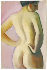 August Macke, Weiblicher Akt von rückwärts auf rosa Grund, 1911, Oil on canvas, relined on rougher canvas at an earlier time (