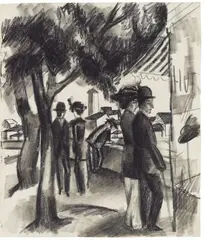 August Macke, Spaziergänger unter Bäumen, 1914, Black crayon drawing, partly wiped, on firm, smooth chamois-coloured drawing paper 34.3/34.5 x 29.5/