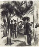 August Macke, Spaziergänger unter Bäumen, 1914, Black crayon drawing, partly wiped, on firm, smooth chamois-coloured drawing paper 34.3/34.5 x 29.5/