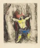 Marc Chagall, Samson renverse les Colonnes. From: Bible, 1958, Etching, watercoloured, on wove paper with watermark "ARCHES"