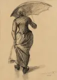 Lovis Corinth, Spaziergängerin, 1896, Black chalk drawing on chamois-coloured card 37.5 (36) x 35 (33.3) cm Framed under glass