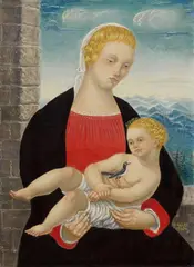 Barthel Gilles, Madonna mit Kind und Vogel vor Alpenlandschaft, 1960, Egg tempera on canvas