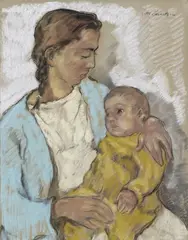 Lotte Laserstein, Geschwister, Pastel on grey-green laid paper with watermark "INGRES TUMBA"