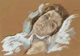 Lotte Laserstein, Frauenkopf, liegend, Pastel on brownish paper