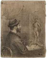Portrait de Seurat Peignant by Maximilien Luce, Circa 1890/1891, Charcoal drawing on smooth brownish tinted paper 29.7 x 23.6/, sold Nov 2015