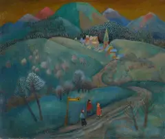 Carlo Mense, Rheinische Landschaft mit Haltestelle, 1950s/1960s, Oil on card