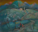 Carlo Mense, Rheinische Landschaft mit Haltestelle, 1950s/1960s, Oil on card