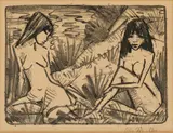 Otto Mueller, Zwei in Dünen sitzende Mädchen 2 (Mädchen am Ufer), 1921-22, Lithograph on yellowish, slightly hammered laid paper