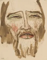 Christus by Emil Nolde, Watercolour and brown pen and ink drawing on thin, fibrous paper, mounted on card support, sold Nov 2015