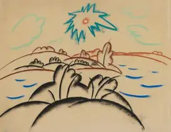 Landschaft mit Sonne by Walter Ophey, 1920s, Coloured chalk drawing on ochre-coloured paper, sold Nov 2015