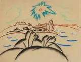 Walter Ophey, Landschaft mit Sonne, 1920s, Coloured chalk drawing on ochre-coloured paper