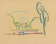 Walter Ophey, Landschaftsskizze / Ruhende auf Parkbank, Circa 1915, 2 coloured chalk drawings, partially with gouache, on firm paper