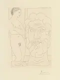 Pablo Picasso, Marie-Thérèse regardant un autoportrait sculpté du sculpteur, 1933, Etching on laid paper with watermark "Vollard"