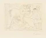 Pablo Picasso, Sculpteur et son modèle avec un groupe sculpté représentant un centaure embrassant une femme, 1933, Etching on chamois-coloured laid paper with watermark "Vollard"