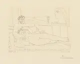 Pablo Picasso, Vieux sculpteur et jeune modèle avec le portrait sculpté du modèle, 1933, Etching on chamois-coloured laid paper with watermark "Vollard"