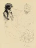 Pablo Picasso, Sculpteur et modèle se regardant dans un miroir calé sur un autoportrait sculpté, 1933, Etching on chamois-coloured laid paper with watermark "Vollard" 36.9 x 29.8 (