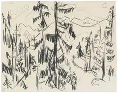 Hermann Scherer, Waldlandschaft, Chalk drawing on light card 34.7/35.1 x 44/