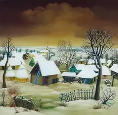 Dragan Gaži, Dorf im Schnee, Circa 1970, Reverse glass painting. Oil on glass