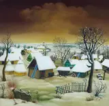 Dragan Gaži, Dorf im Schnee, Circa 1970, Reverse glass painting. Oil on glass