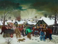 Dragan Gaži, Winterliche Dorfansicht mit brennender Scheune und Löschzug, Reverse glass painting. Oil on glass