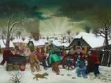 Dragan Gaži, Winterliche Dorfansicht mit brennender Scheune und Löschzug, Reverse glass painting. Oil on glass